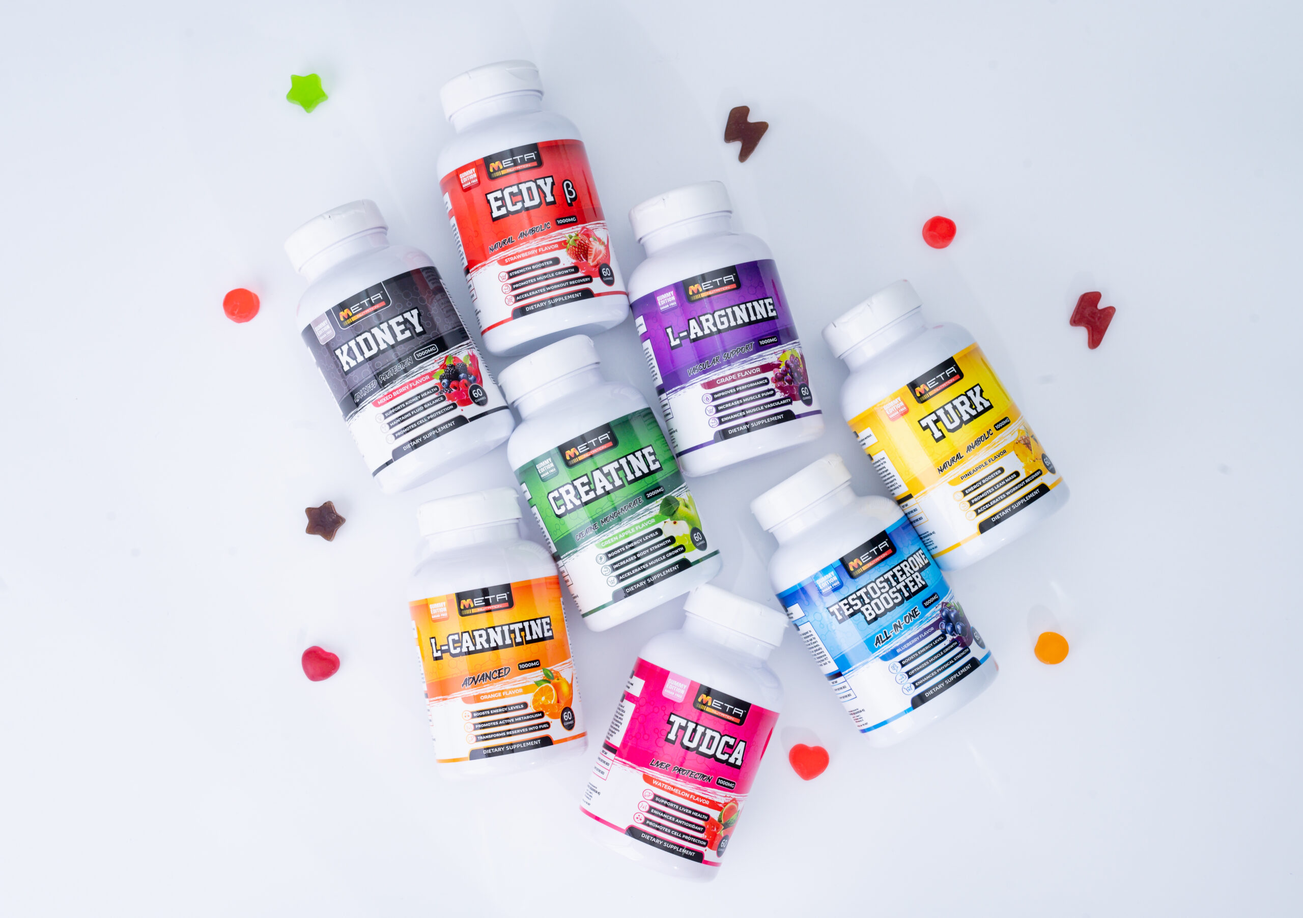 Meta Nutrition's colourful gummy range, including Creatine, ECDY and L-Arginine